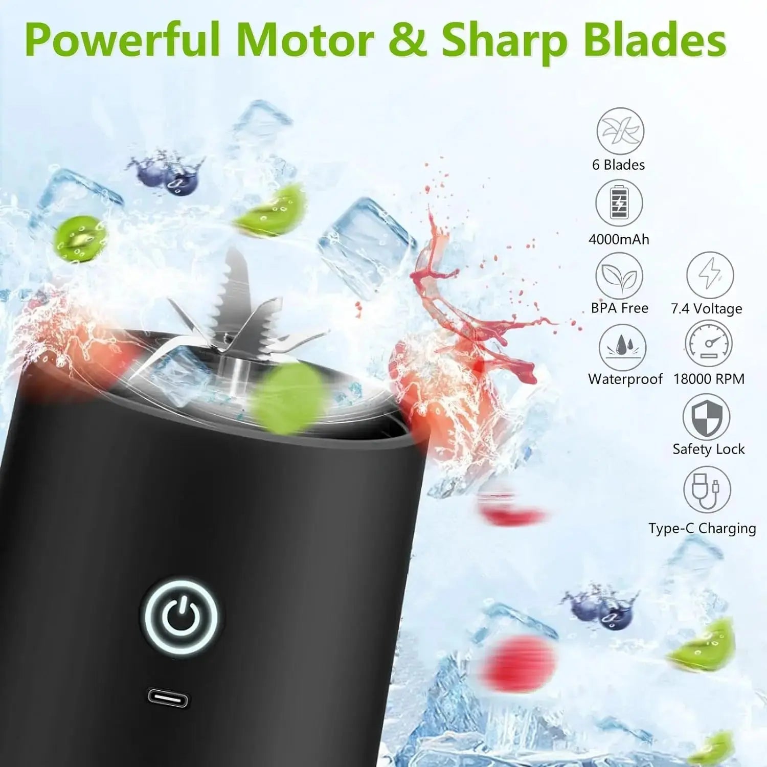 Portable Blender, Cordless, 18oz. Vessel, Personal Blender - for Shakes & Smoothies, BPA Free, Leakproof - Lid USB - C Rechargeable - RIGBYZ
