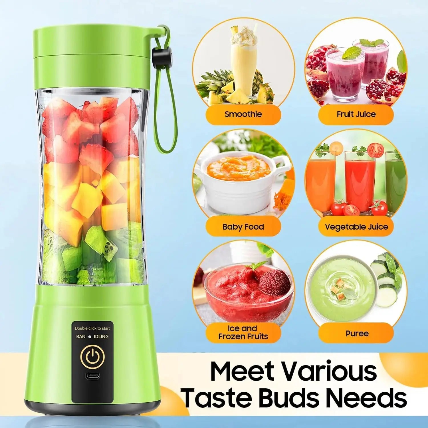 Cordless Portable Personal Size Blender - USB Rechargeable Blender for Smoothies and Shakes 6 Blades with 380Ml BPA Free Juice Cup - RIGBYZ