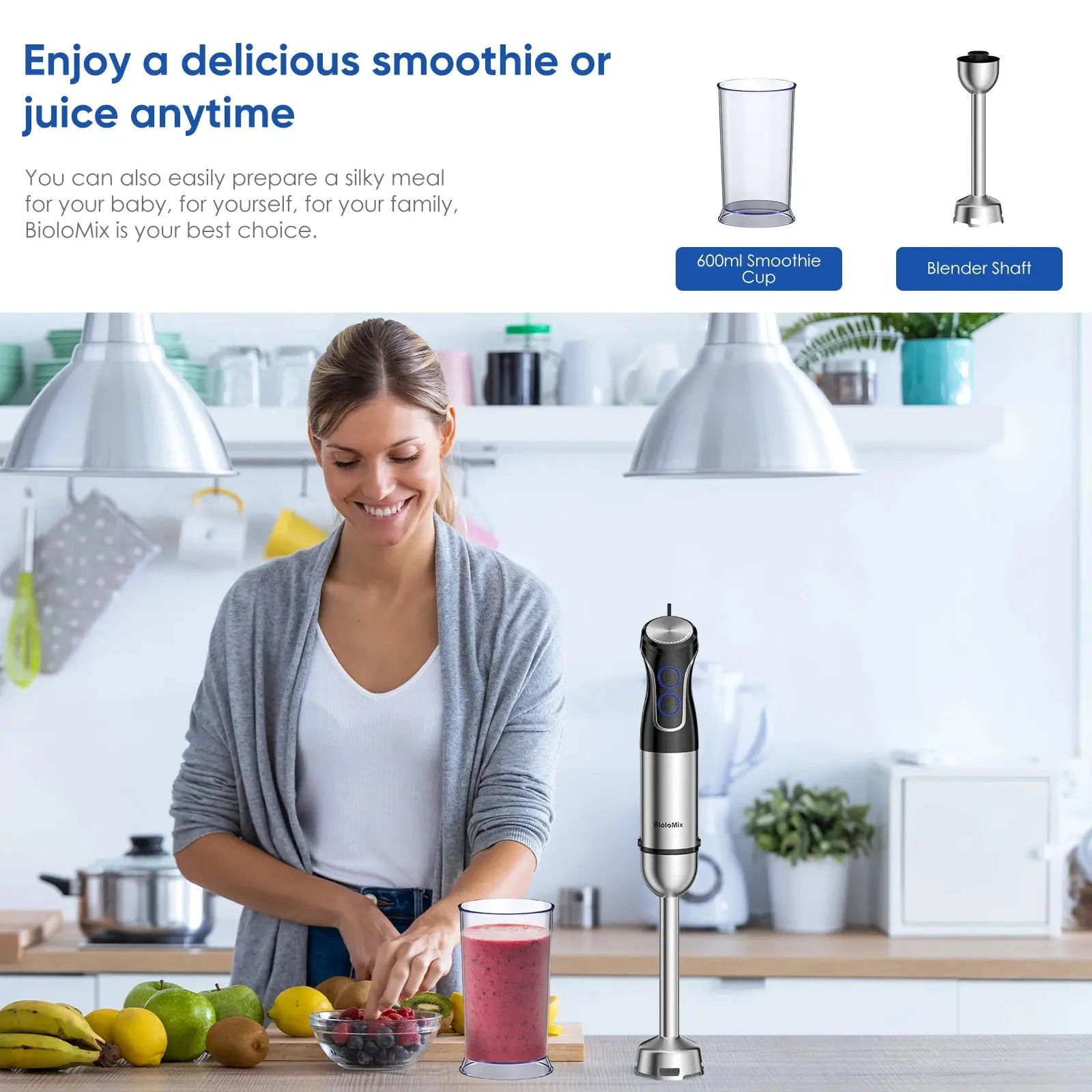 BioloMix 5 in 1 Immersion Hand Blender,1500W Blender with 304 Stainless Steel Blade,Food Processor,Smoothies Puree Baby Food - RIGBYZ