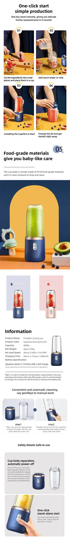Portable Blender Bottle Electric 6 Blades Multifunction Juice Blender Fresh Juice Smoothie Blender Ice CrushCup Food Processor - RIGBYZ