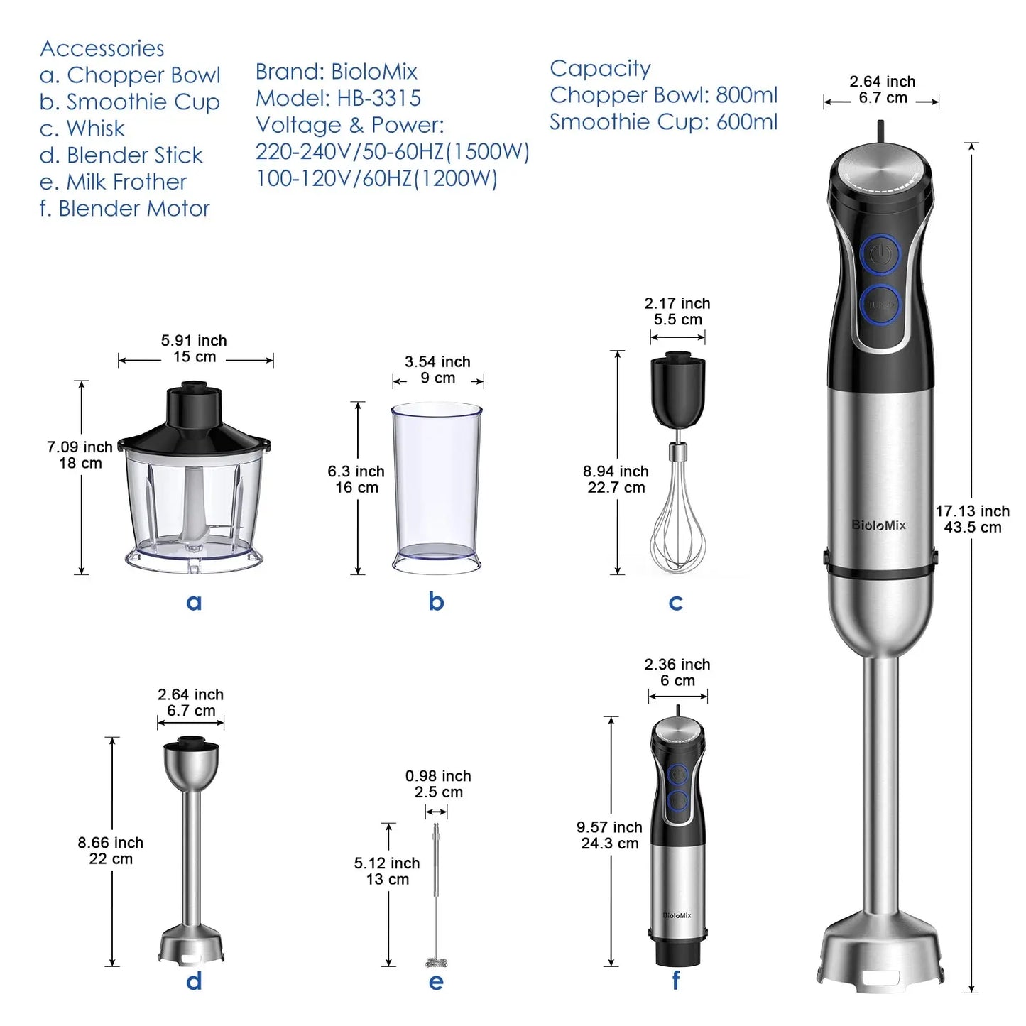 BioloMix 5 in 1 Immersion Hand Blender,1500W Blender with 304 Stainless Steel Blade,Food Processor,Smoothies Puree Baby Food - RIGBYZ