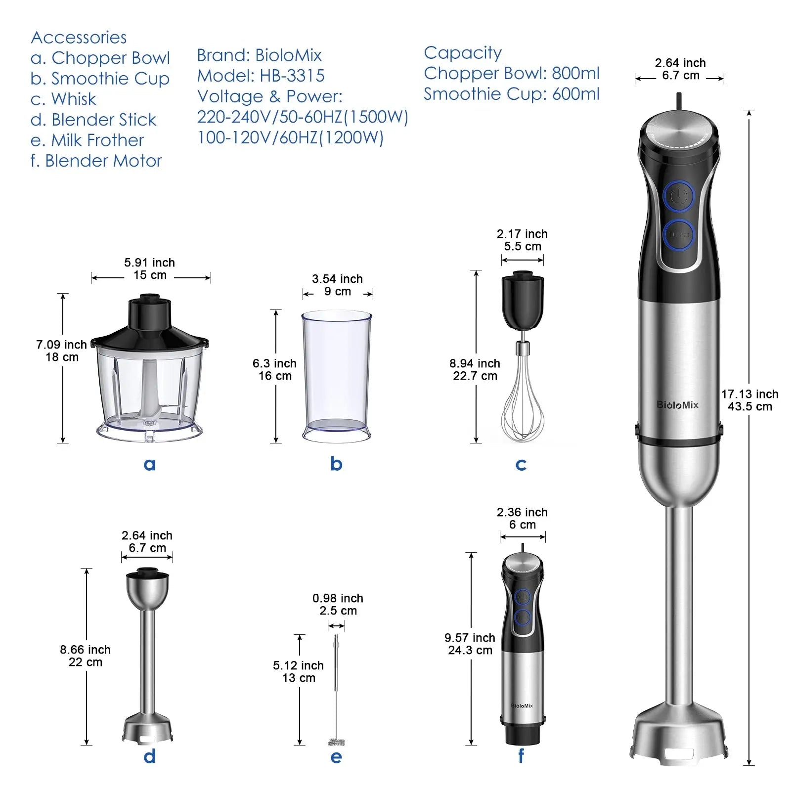 BioloMix 5 in 1 Immersion Hand Blender,1500W Blender with 304 Stainless Steel Blade,Food Processor,Smoothies Puree Baby Food - RIGBYZ