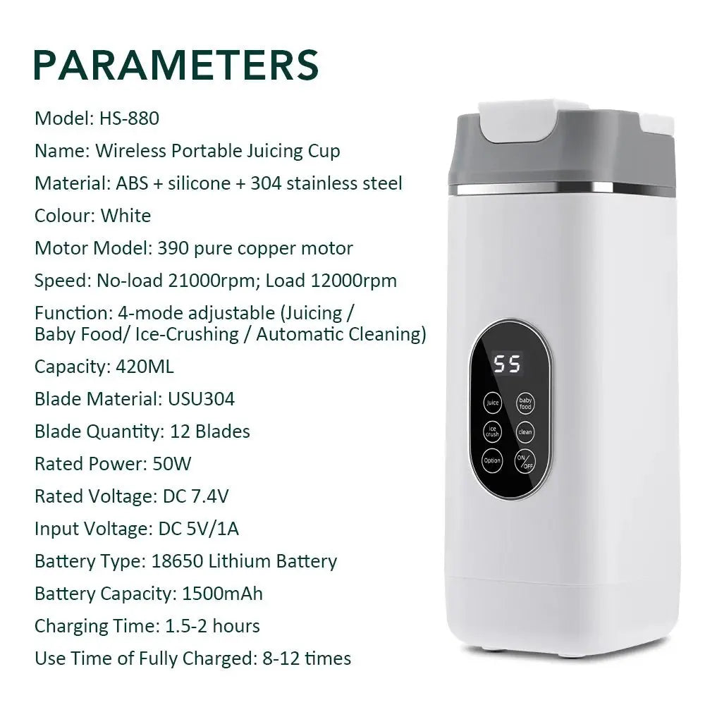 Portable 12 Blade Juicer USB Rechargeable Juicer 420ML Fruit Automatic Smoothie Blender 2 In 1 Blender Bottle Kitchen Tool - RIGBYZ