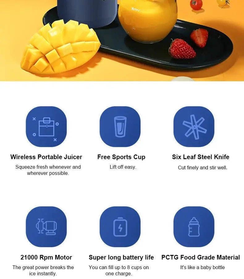 Portable Juicer Cup Smoothie Blender 6 Blade Blender Bottle Household Fruit Juicer Cup USB Rechargeable Juicer Kitchen Tool - RIGBYZ