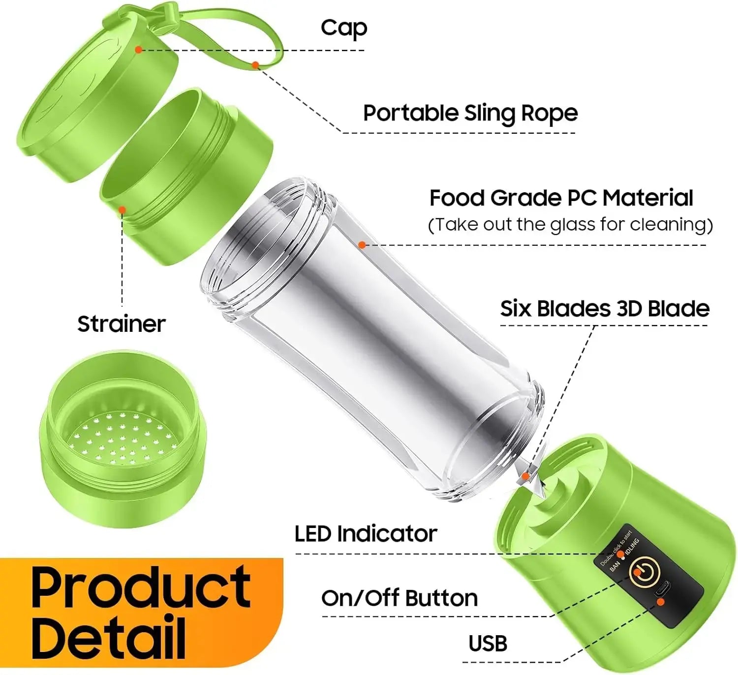 Cordless Portable Personal Size Blender - USB Rechargeable Blender for Smoothies and Shakes 6 Blades with 380Ml BPA Free Juice Cup - RIGBYZ