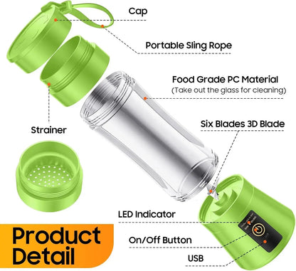 Cordless Portable Personal Size Blender - USB Rechargeable Blender for Smoothies and Shakes 6 Blades with 380Ml BPA Free Juice Cup - RIGBYZ