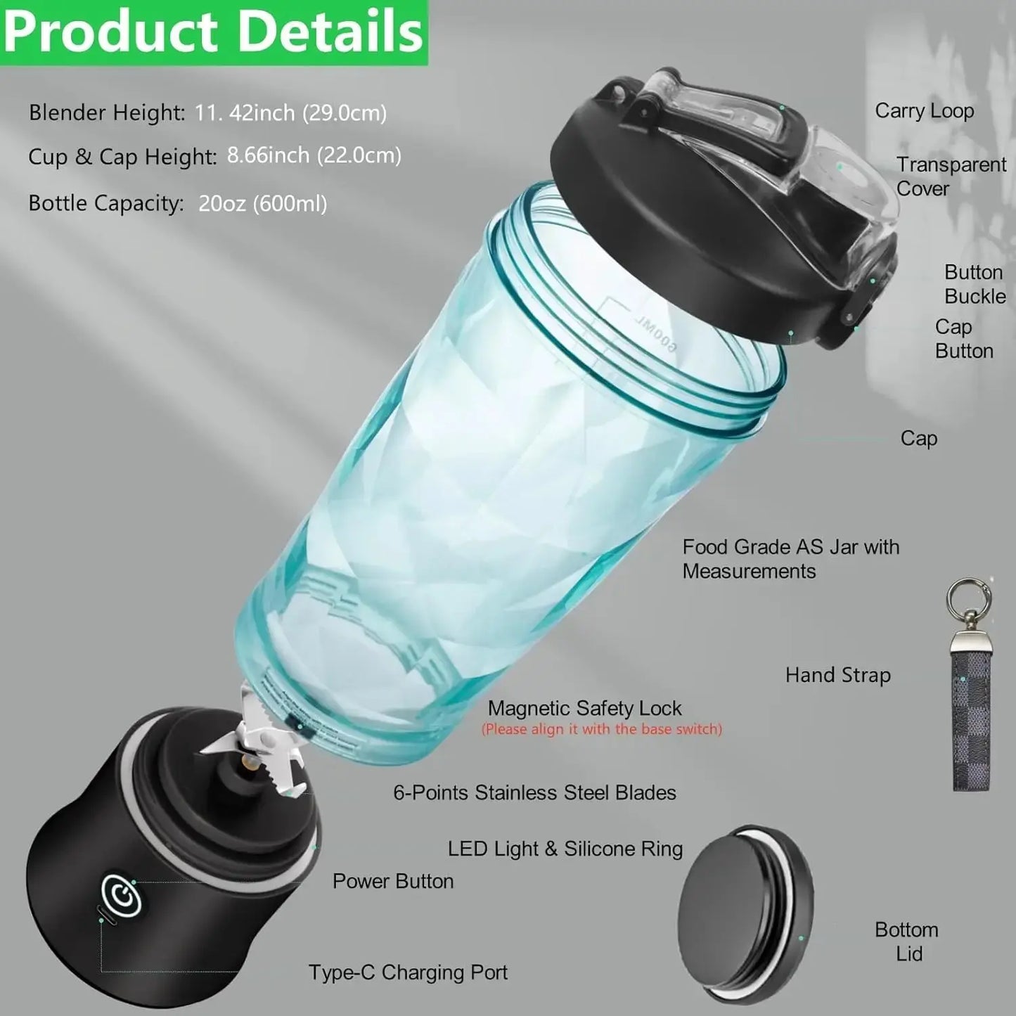 Portable Blender, Cordless, 18oz. Vessel, Personal Blender - for Shakes & Smoothies, BPA Free, Leakproof - Lid USB - C Rechargeable - RIGBYZ
